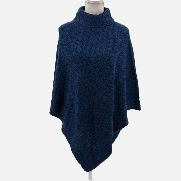 Kinross Cashmere Cable Knit Turtleneck Poncho in Sapphire Blue -See Measurements - Picture 2 of 5